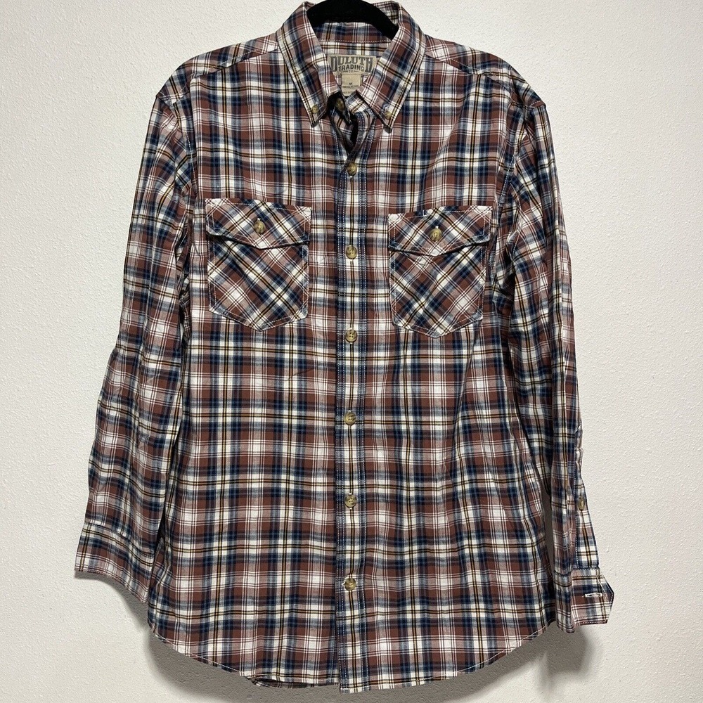 Duluth Trading Company Men’s M Button Down Shirt Relaxed Fit Plaid Brown Blue